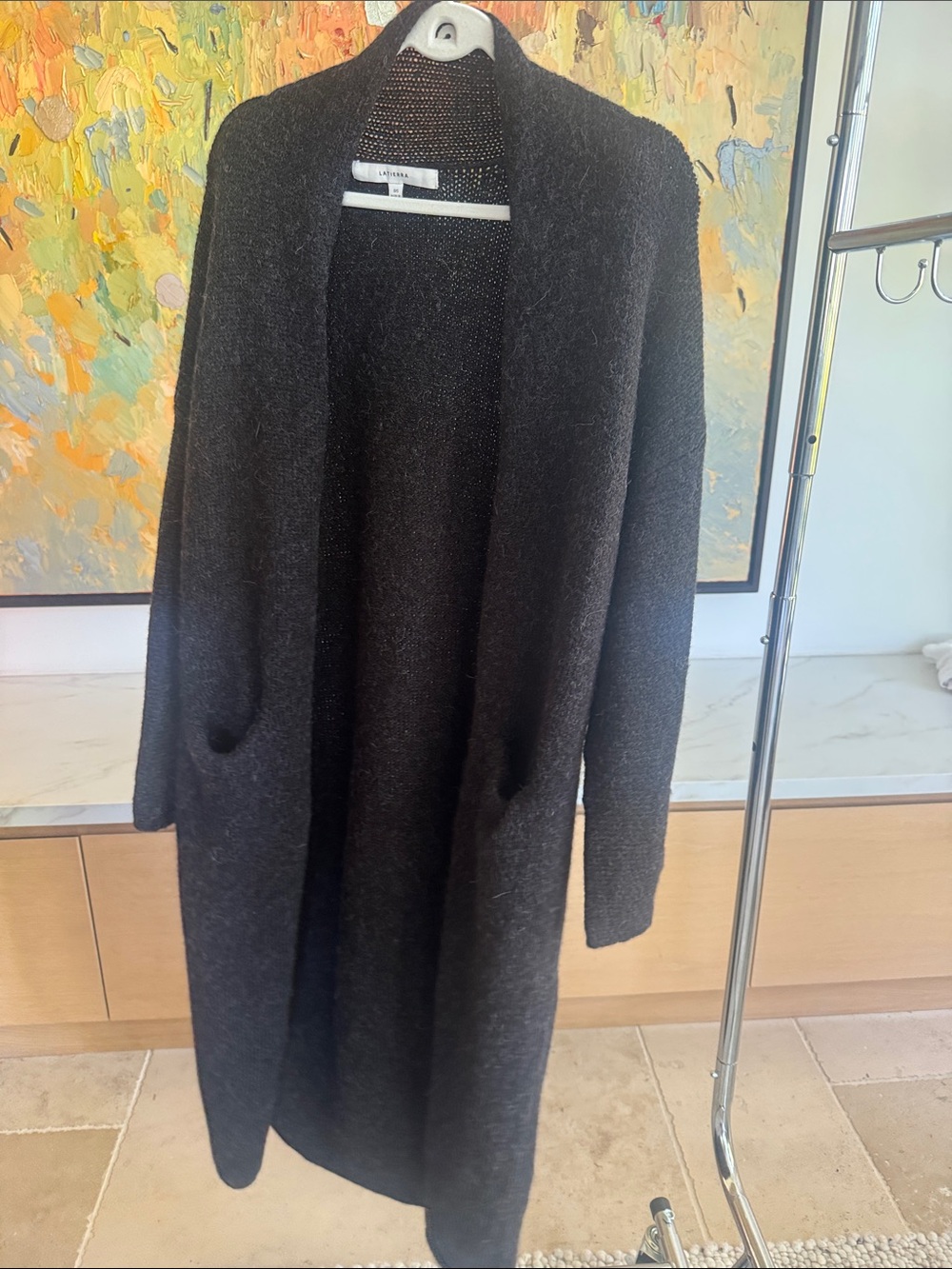 Long Open-Front Cardigan Sweater in Charcoal Black